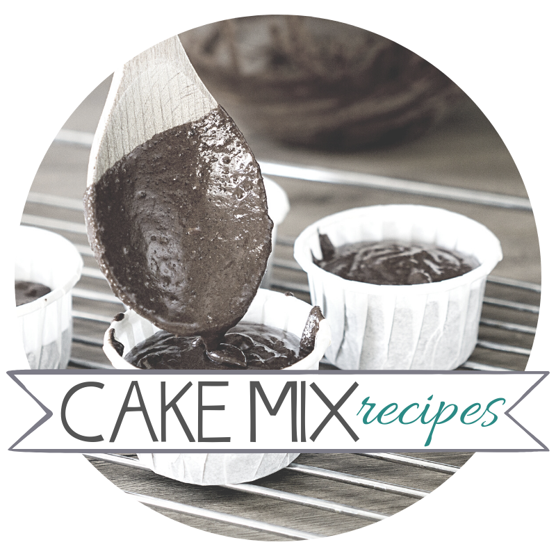 A spoon pours chocolate cake batter into white paper cups on a wire rack. Text reads Cake Mix Recipes at the bottom.