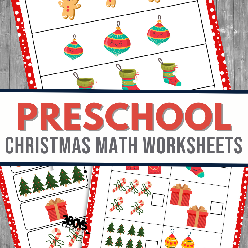 Various Christmas-themed preschool math worksheets elevate holiday fun with images like Christmas trees, stockings, ornaments, and presents. Perfect for the ultimate Christmas road trip activity kit, these worksheets promise festive learning on the go. Text reads, Preschool Christmas Math Worksheets.