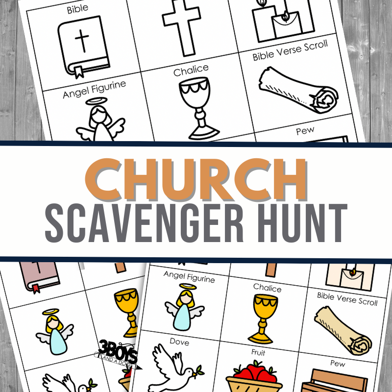 An engaging Church Scavenger Hunt game sheet features charming illustrations of items such as an angel figurine, chalice, Bible verse scroll, pew, dove, and fruit. A bold banner proudly displays the title Church Scavenger Hunt at its center.