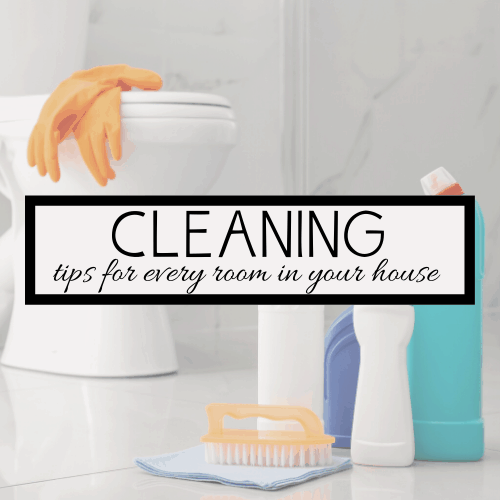A bathroom scene with cleaning items. An orange pair of gloves is draped over a toilet tank. In front, theres a brush and various cleaning bottles. Overlaid text reads: Homemaker Tips & Tricks for every room in your house.