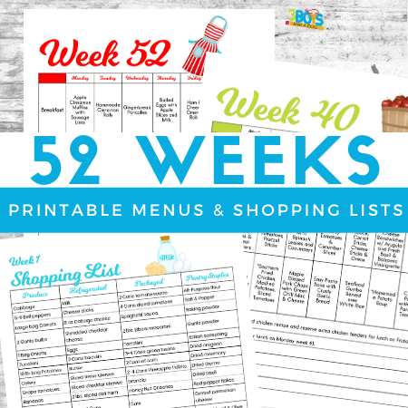 A graphic featuring a weekly meal plan and shopping list template. It includes spaces for breakfast, lunch, and dinner for Week 52 and Week 40. The text highlights 52 Weeks Printable Menus & Shopping Lists with colorful images of food items, including a Cajun Chicken & Rice Soup recipe.