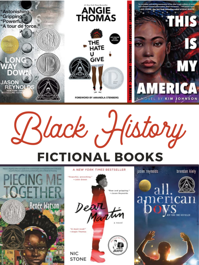 A collage of six book covers under the title Fictional Black History Books showcases powerful stories for young adults. Titles include Long Way Down, The Hate U Give, and Dear Martin, all adorned with prestigious medals and awards, capturing the essence of Black history.