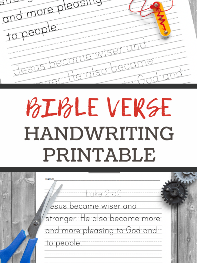 Handwriting practice sheet featuring the text “Jesus became wiser and stronger. He also became more and more pleasing to God and people” from Luke 2:52. Includes gears, paper clips, and a red crayon on a wooden background. Title reads “Free Printable Bible Verse Handwriting Sheet.”.