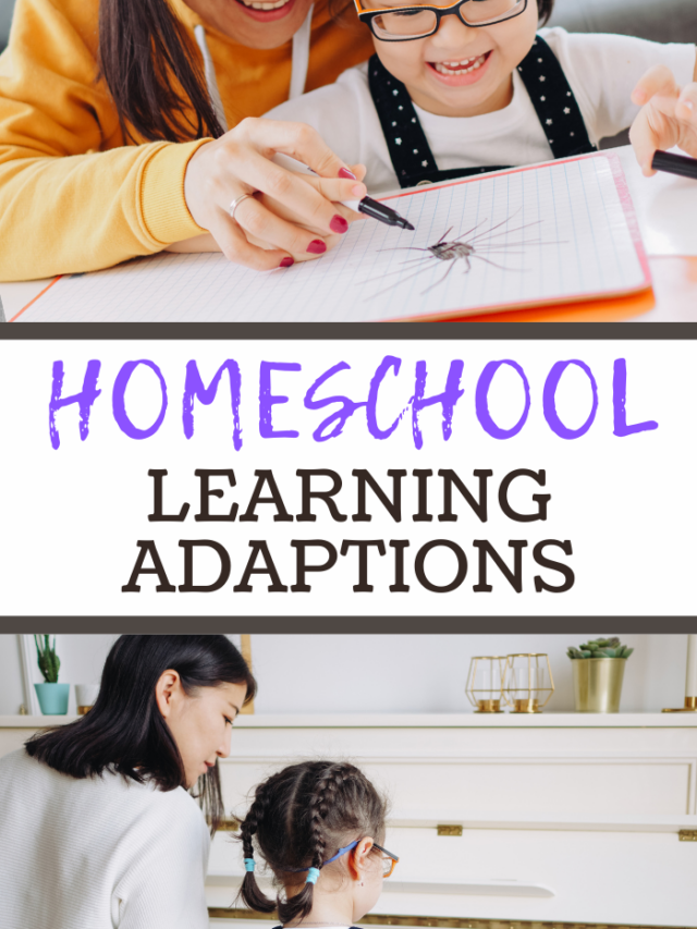 A young girl wearing glasses writes in a notebook with guidance from an adult. The text reads Homeschool Learning Adaptions. Below, another adult assists a child with braids at a desk, focusing on math adaptations to suit each unique learning style.