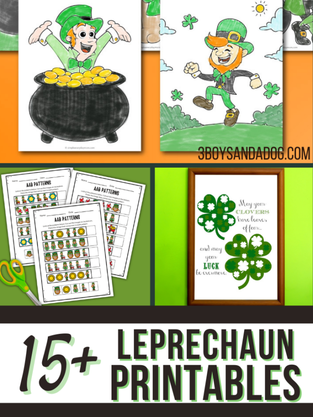 Collage of leprechaun-themed preschool printables. Top-left: Leprechaun in a pot of gold. Top-right: Leprechaun walking with four-leaf clovers. Bottom-left: Worksheets with patterns and scissors. Bottom-right: Four-leaf clover art with a lucky phrase.