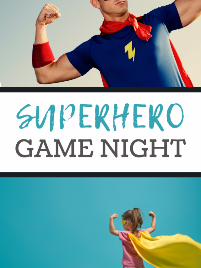 A promotional image for Superhero Game Night showcases an adult in a superhero costume with a red cape flexing confidently, while the bottom half features a child striking the same pose in a yellow cape. Join us for a night of fun and excitement at Superhero Game Night!.
