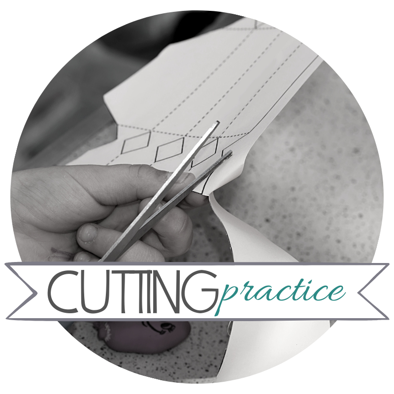 A hand holding scissors cuts along a dotted line on paper. The words CUTTING practice are written across the bottom of the circular image.
