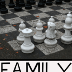 Giant chess set on an outdoor board with large black and white pieces. The image has the text Family fun & games at the bottom. Fallen leaves are scattered on the ground.