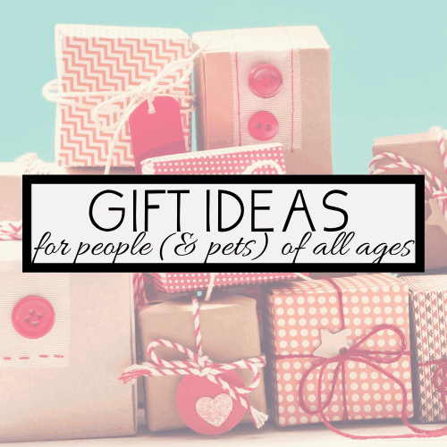 A stack of wrapped gifts in various patterns and sizes sits against a turquoise background, ready to celebrate every occasion. The text overlaid on the image reads, GIFT IDEAS for people (& pets) of all ages, in a bold, stylish font.