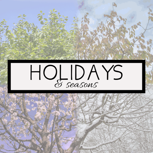 Animated image showcasing four seasons: spring with blossoms, summer with green leaves, autumn with brown leaves, and winter with snow. The text Celebrate HOLIDAYS & Seasons is centered over the image, reminding us to embrace each day of natures cycle.