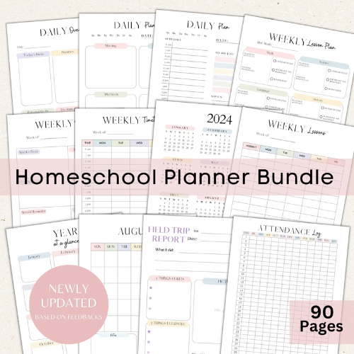 Check out our Homeschool Planner Bundle, perfect for any homeschool room! With multiple pages, including daily and weekly plans, a 2024 calendar, field trip report, year overview, and attendance log. Text reads Newly Updated Based on Feedback and 90 Pages. Shop now to enhance your homeschool journey!.