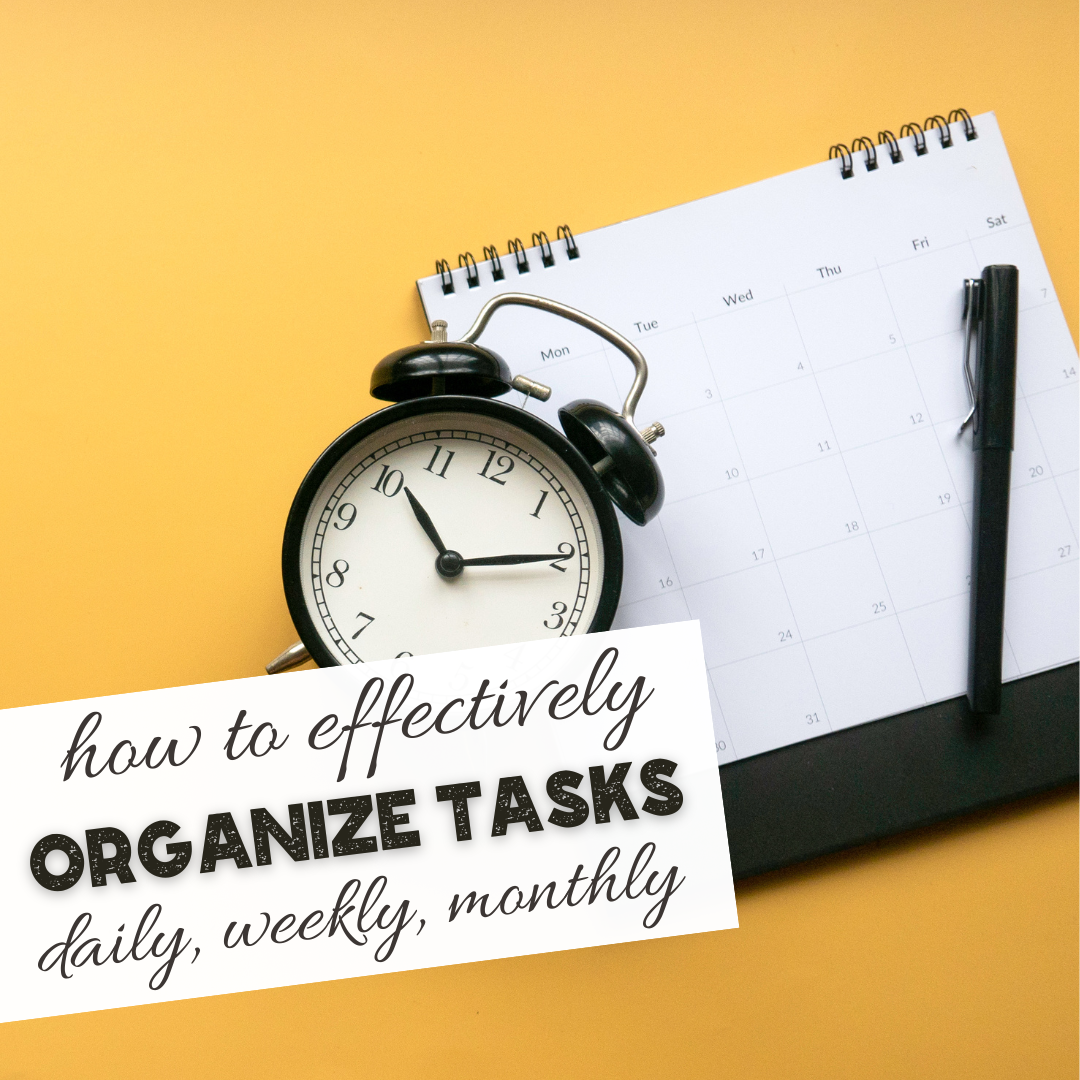 A black retro alarm clock, spiral-bound calendar opened to a blank month, and a black pen are arranged on a yellow background. A text overlay offers productivity tips on effectively handling incoming tasks daily, weekly, and monthly.
