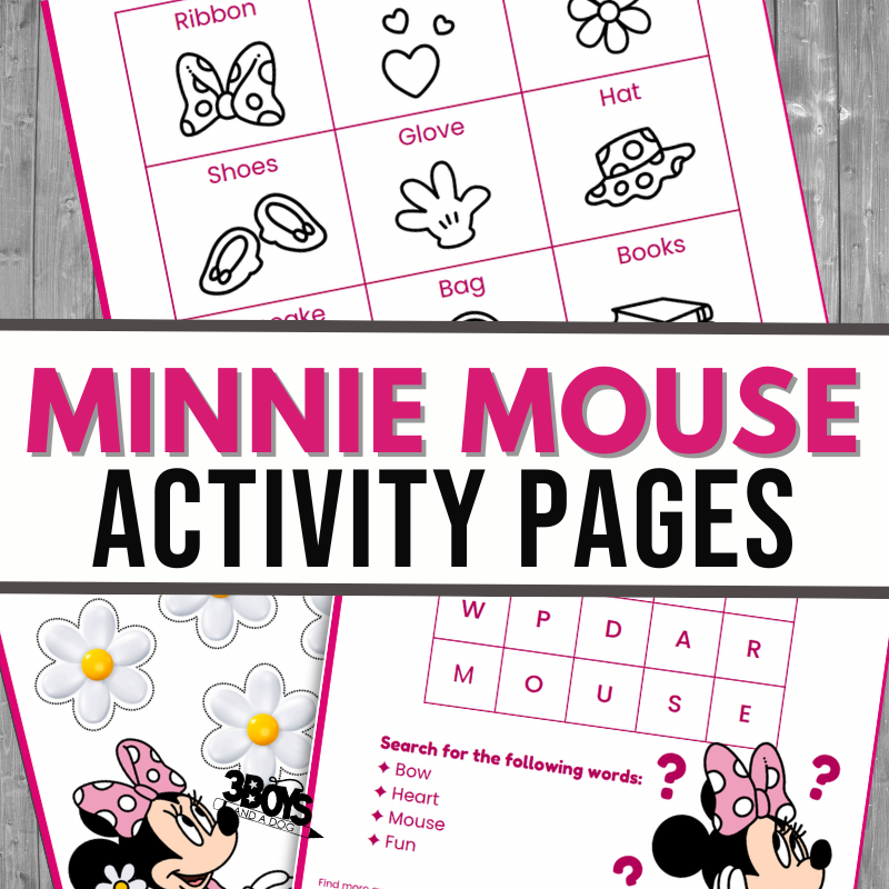 Minnie Mouse-themed Activity Pack featuring matching games, word searches, and flower illustrations, with a large banner reading Minnie Mouse Activity Pages in bold pink and black text.