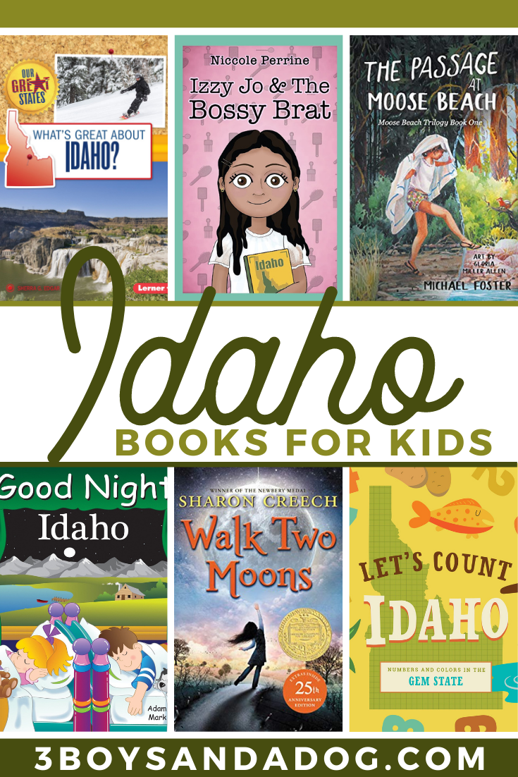A delightful collage of childrens books celebrates the charm of Idaho, showcasing covers like Whats Great About Idaho?, Izzy Jo & The Bossy Brat, and Lets Count Idaho. Text proudly announces: Discover Idaho Books for Kids!.