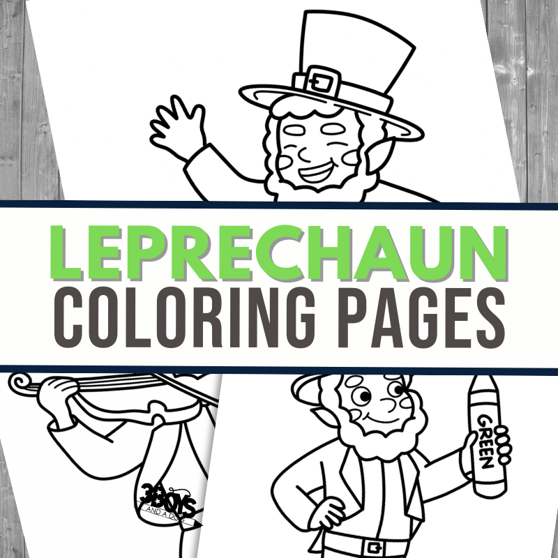 A delightful coloring page showcases a cheerful leprechaun in a top hat, smiling and waving. Below, one leprechaun plays a fiddle while another holds a crayon labeled green. The lively design is titled Leprechaun Coloring Pages against a wooden background.