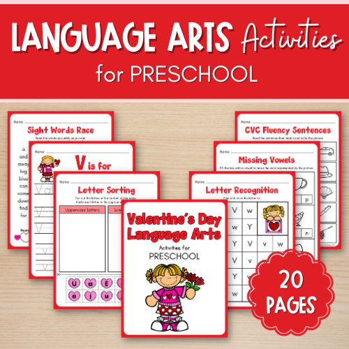 Image of a preschool language arts activity set with a red banner. Includes various pages like sight words, letter sorting, and Valentine&rsquo;s Day-themed exercises, featuring fun Valentine cutting worksheets. Contains 20 pages.