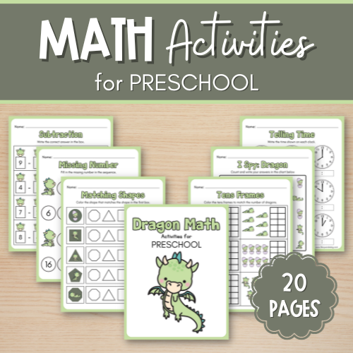 Image of a digital download cover titled Math Activities for Preschool. It features Earth Day-themed worksheets on subtraction, matching numbers, shapes, telling time, and more. Includes a dragon illustration and a note indicating 20 pages.