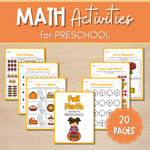 Cover image of a preschool math activity book titled Fall Math Activities for Preschool, featuring worksheets on tens frames, counting, measuring, and more. An orange banner with the text 20 Pages adorns the corner, perfect for integrating Fall Coloring Activities for Preschoolers.