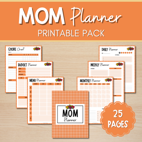 An image of a Mom Planner Printable Pack featuring a checkered orange theme perfect for fall. The cover and six sample pages include Chore Chart, Budget Planner, Fall Menu Plan and Shopping List, Daily Planner, Weekly Planner, and Monthly Planner. This pack offers 25 thoughtfully designed pages.