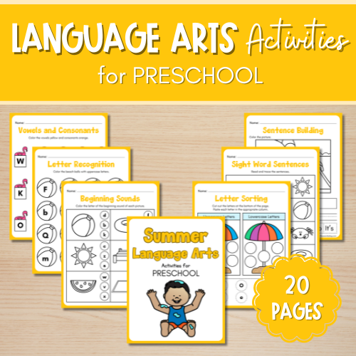Cover image of a preschool language arts activity book perfect for summer. Features include Vowels and Consonants, Letter Recognition, Beginning Sounds, alongside fun fine motor activities like Sentence Building, Sight Word Sentences, and Letter Sorting. Includes 20 pages.