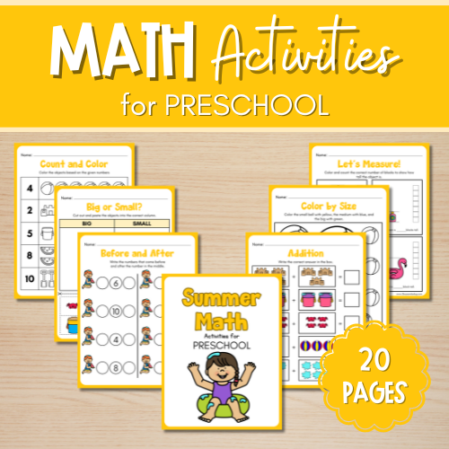 A set of vibrant math activity sheets for preschoolers titled Summer Fine Motor and Math Activities. Includes pages for counting, sizing, before and after, addition, and coloring. The image highlights that the set contains 20 engaging pages.