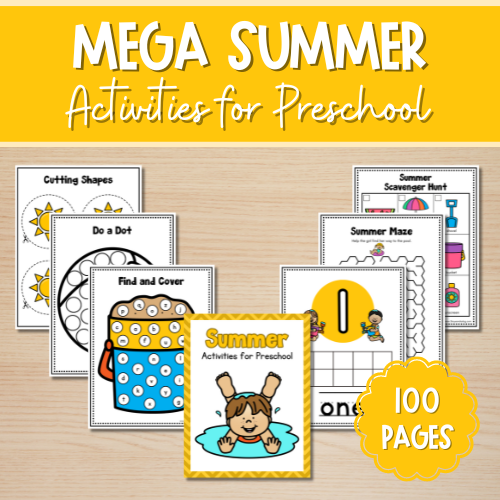 A collection of preschool worksheets titled Mega Summer Activities for Preschool focuses on fine motor skills with activities like cutting shapes, dot coloring, and mazes. A prominent 100 Pages badge is displayed on the wooden background. Perfect summer fun for preschoolers!.