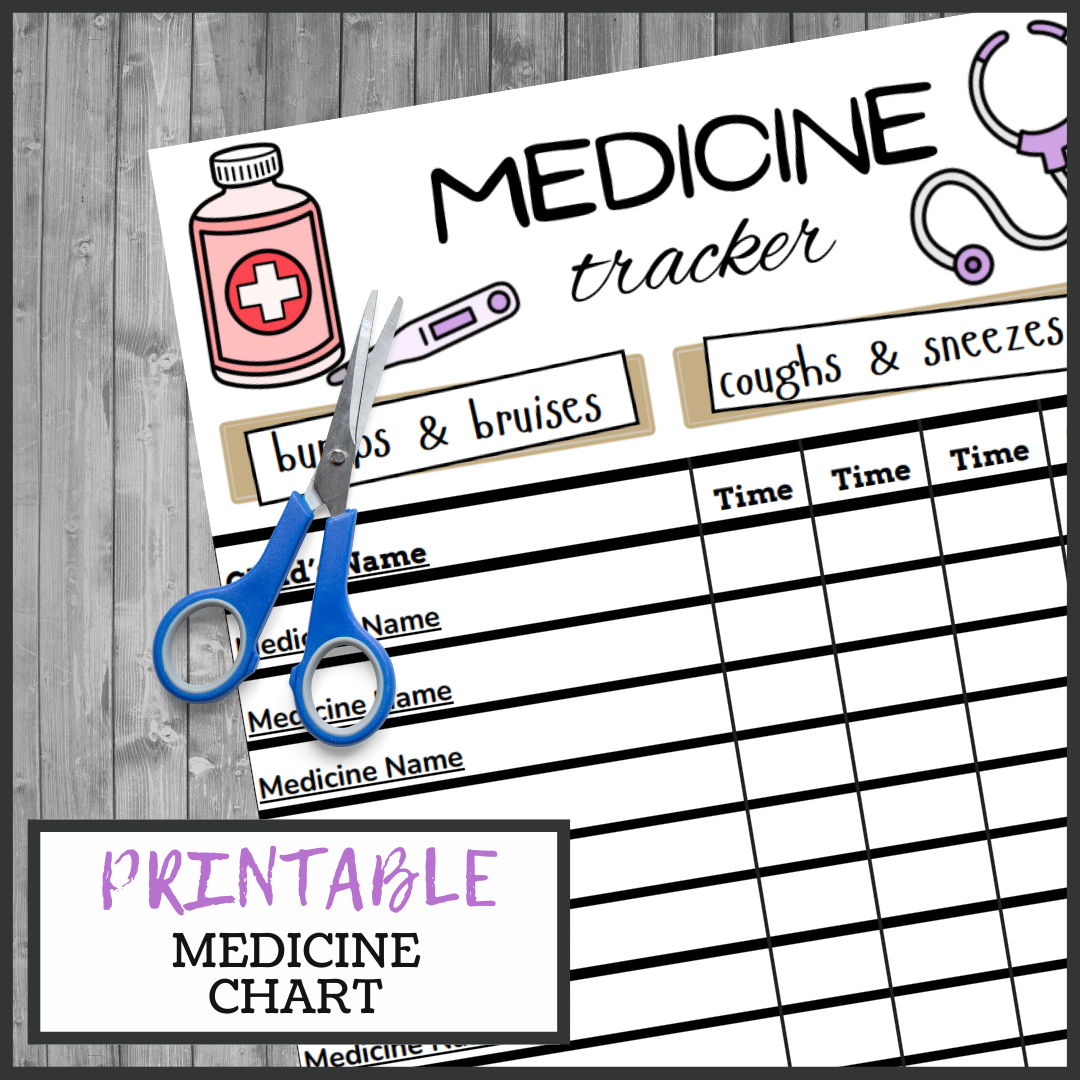 A Printable Kids Medicine Chart rests on a wooden surface, featuring sections for bumps & bruises and coughs & sneezes. It includes ample space for medicine names and times. A pair of scissors is placed atop the chart, ready for easy organization.