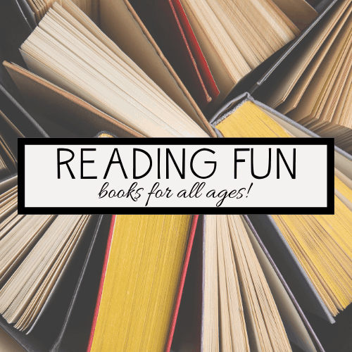 A collection of open books with various cover colors is arranged in a playful pattern. In the center, a bold white rectangle declares READING FUN alongside books for all ages! in cursive, capturing the spirit of family fun.