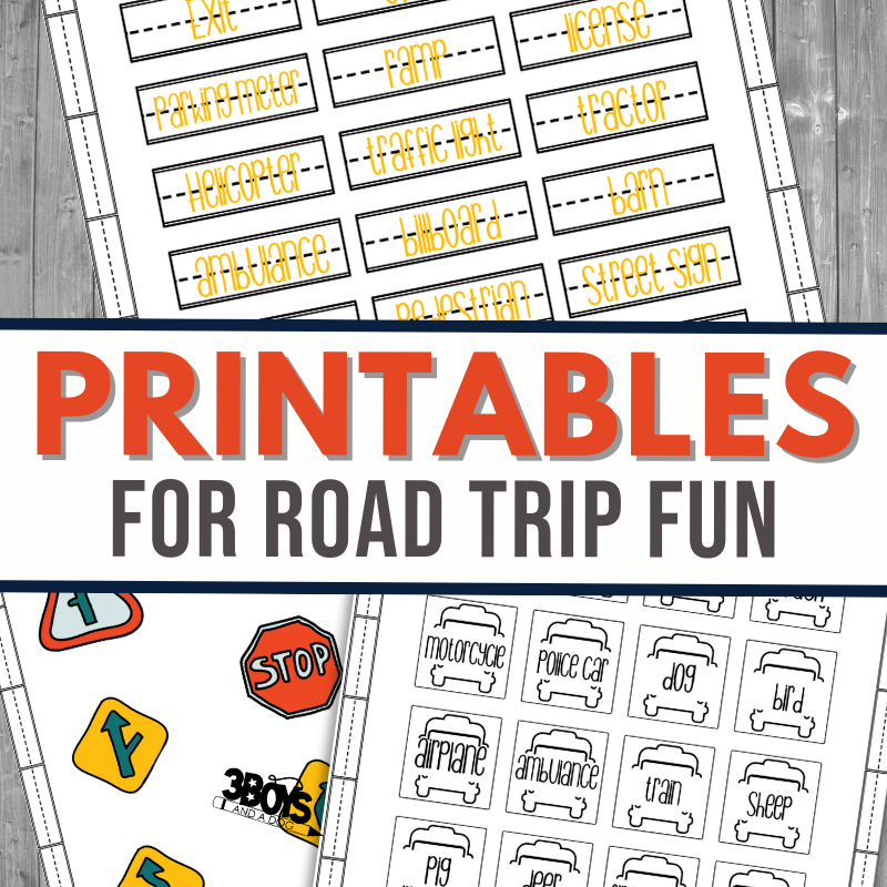 Road trip printables with vehicle-themed activities featuring traffic signs, cars, and words like dog, train, and street light in colorful designs. Text reads Printable Road Trip Games for Fun on a wood-textured background.