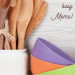 A set of colorful mixing bowls stacked together next to a white ceramic container filled with wooden spoons. The text on the image reads, Simple, easy recipes for super busy Moms!.