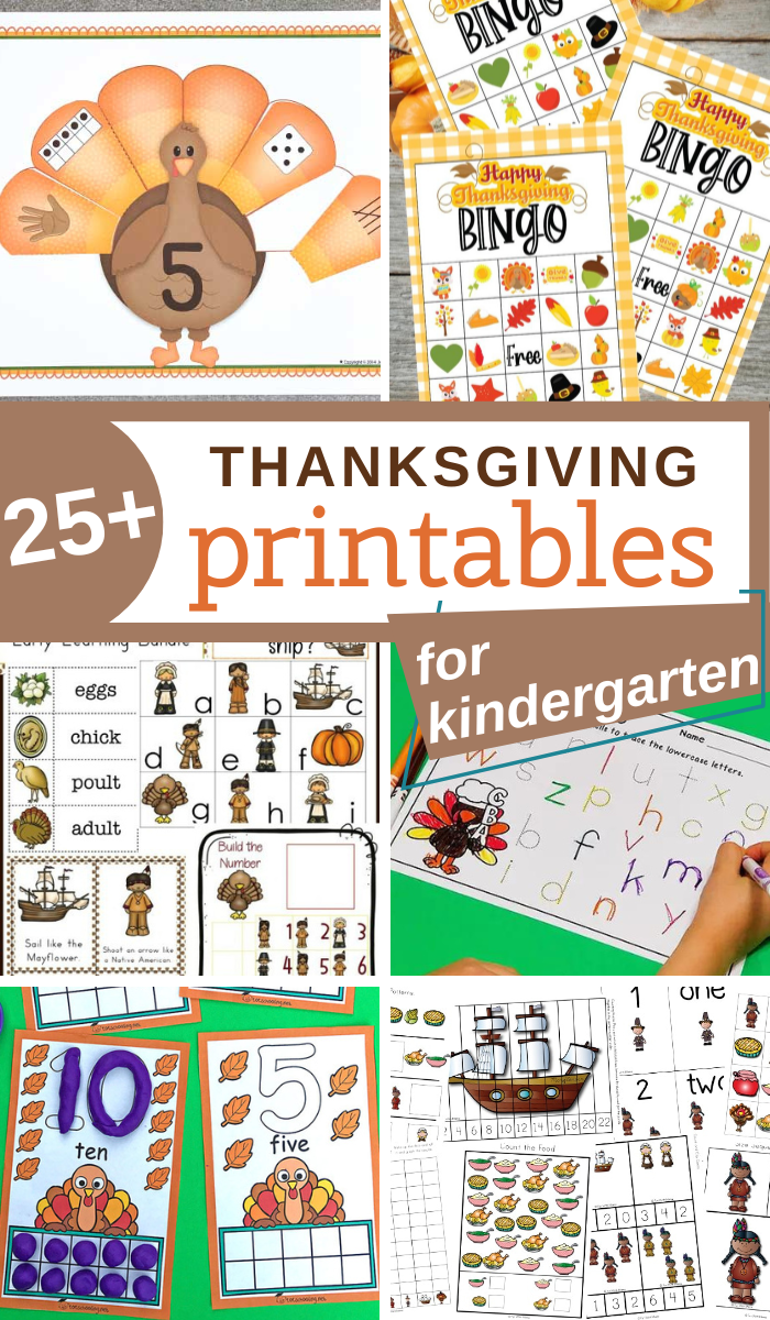 A delightful collage of Thanksgiving-themed printables for kindergarten features turkey crafts, bingo cards, word puzzles, and engaging letter and number activities. Text proudly displays 25+ Thanksgiving Printables for Kindergarten.
