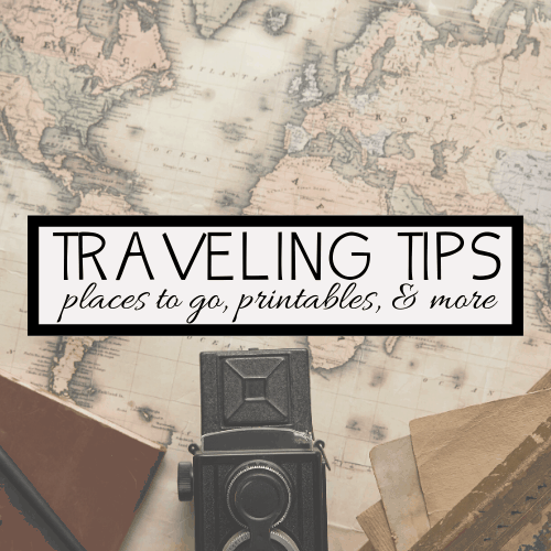 A vintage map with a retro camera and old books in the foreground sets the scene for family fun. Overlay text reads, TRAVELING TIPS: places to go, printables, fun and games.