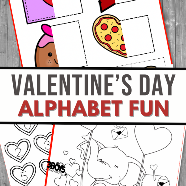 Valentines Day-themed alphabet activity sheets feature illustrations like hearts, a pizza slice, and a cute elephant with balloons on a wooden background. Explore the W is for Watermelon worksheets to add even more fun learning to your festive activities.