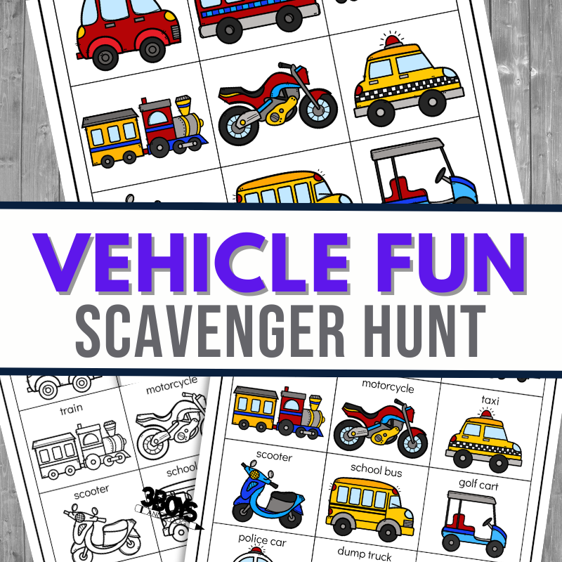 Image of a Vehicle Fun Scavenger Hunt activity sheet showcasing colorful drawings of various vehicles like cars, buses, and motorcycles. Perfect for kids, these Vehicle Scavenger Hunt Printables include text labels beneath each illustration for an engaging experience.